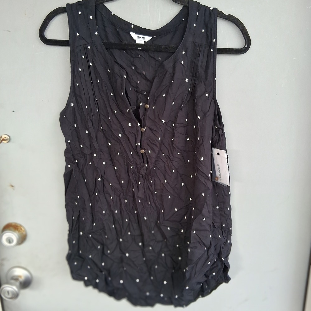 NWT Star Print AOP Sleeveless Henley Tank Top Black M NEW Sonoma